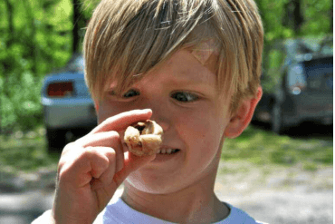 Young boy holding mushroom near his eyes